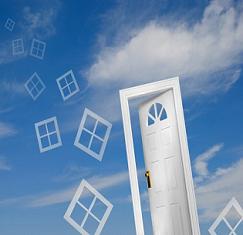 White windows and doorways flying through blue sky